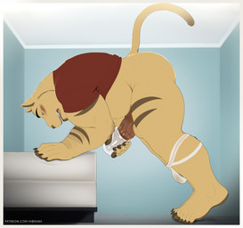 anthro balls barazoku bent_over bent_over_with_legs_held_straight big_penis biped blush bottomless bottomless_anthro bottomless_male brown_body brown_fur claws clothed clothing erection eyes_mostly_closed feet finger_claws fingers fur genitals glistening glistening_genitalia glistening_penis humanoid_feet humanoid_genitalia humanoid_hands humanoid_penis inside jockstrap_down leaning leaning_forward looking_pleasured lube_on_penis male muscular muscular_anthro muscular_male narrowed_eyes open_mouth penetrable_sex_toy penis plantigrade red_clothing red_shirt red_topwear sex_toy shirt solo tan_body tan_fur text tiptoes toe_claws toes topwear k0suna hanna-barbera swat_kats chance_furlong felid mammal 2024 artist_name colored url