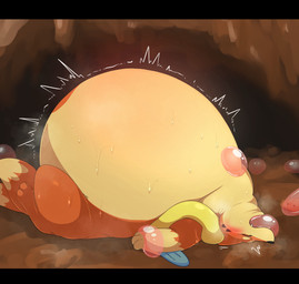 ambiguous_gender anthro belly belly_expansion black_bars bodily_fluids cave expansion eyes_closed force_feeding forced group immobile inflation lying motion_lines on_back slime_inflation sweat sweating_profusely novtoon nintendo pokemon ditto_(pokemon) floatzel generation_1_pokemon generation_4_pokemon goo_creature pokemon_(species) 2025 hi_res letterbox