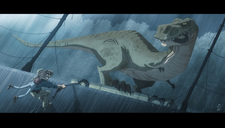 black_bars blonde_hair blue_clothing blue_shirt blue_topwear clothing female hair male raining shirt topwear otis_frampton jurassic_park universal_studios alan_grant lex_murphy dinosaur human mammal prehistoric_species reptile saurischian scalie theropod tyrannosaurid tyrannosauroid tyrannosaurus tyrannosaurus_rex letterbox