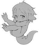 ambiguous_gender anthro butt claws curled_up fetal_pose hair looking_at_viewer nude simple_background solo tail toe_claws white_background young young_ambiguous young_anthro doneru tany_(doneru) bamfear greyscale hi_res monochrome sketch adult_(lore) female_(lore)