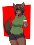 5_fingers anthro beverage big_breasts bottomwear breasts brown_body brown_fur clothed clothing coffee container cup female fingers fully_clothed fur hair hair_over_eyes jacket shorts simple_background smile solo topwear cyynapse louise_(strayed) gulonine mammal marten mustelid musteline pine_marten 2019 3:4 absurd_res digital_media_(artwork) hi_res