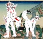 anthro bent_over big_butt black_body black_fur bodypaint butt duo fur green_eyes hair looking_back male markings muscular nude presenting purple_eyes white_body white_fur rath_raholand capcom clover_studio nintendo okami_(capcom) chibiterasu_(okami) shiranui_(okami) canid canine canis deity mammal wolf hi_res