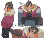 anthro clothing jacket jewelry male multiple_poses necklace pose simple_background sitting solo text topwear underbite hyaku_(artist) odd_taxi dobu_(odd_taxi) baboon bleeding-heart_monkey haplorhine mammal monkey old_world_monkey primate japanese_text