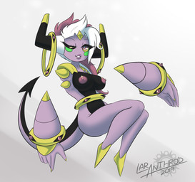 areola big_breasts breasts eyelashes female hair horn multicolored_hair nipples nude one_eye_closed open_mouth pink_hair pokemorph simple_background solo teeth white_hair wink latiar nintendo pokemon chira_(latiar) generation_6_pokemon genie hoopa hoopa_(confined) humanoid legendary_pokemon mammal pokemon_(species) hi_res