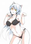 :3 breasts butt clothing female fur hair long_hair looking_at_viewer navel paw_pose pose simple_background solo standing tongue tongue_out underwear white_background white_body white_fur white_hair yellow_eyes dafei monogatari nekomonogatari black_hanekawa animal_humanoid cat_humanoid felid felid_humanoid feline feline_humanoid humanoid mammal mammal_humanoid