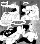 absurd_res anthro big_muscles bottomwear bovid building caprine clothing comic crocodile crocodilian crocodylid dialogue duo english_text fight footwear gabriel_(parttimeyeen) goat hi_res horn huge_muscles jacket larger_male male mammal mask monochrome muscular muscular_anthro muscular_arms muscular_male night nipple_outline pants parttimeyeen_(artist) profanity reptile scalie scared sharp_teeth shirt shoes size_difference superhero superhero_costume teeth text topwear yelling
