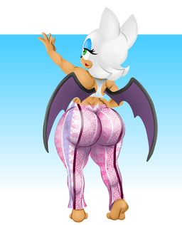 anthro barefoot bat_wings big_butt black_nose blue_background bottomwear butt clothing eyelashes feet female fur green_eyes lipstick makeup membrane_(anatomy) membranous_wings pants pattern_bottomwear pattern_clothing pattern_pants pink_bottomwear pink_clothing pink_pants purple_wings rear_view red_lipstick simple_background smile solo tan_body tan_fur thick_thighs topwear white_background white_body white_clothing white_fur white_topwear wide_hips wings jbreak1 forbidden_pants sega sonic_the_hedgehog_(series) rouge_the_bat bat mammal hi_res meme