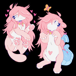 :3 claws collar countershading dragon_tail dragon_wings eyelashes female feral hair hair_over_eye heart_(marking) heart_symbol long_hair markings pawpads pink_hair pink_pawpads simple_background solo spiked_collar spikes tail hamsterscooter mythology starburst_(catgenderzz) arthropod butterfly domestic_cat dragon felid feline felis hybrid insect lepidopteran mammal mythological_creature mythological_scalie scalie colored digital_drawing_(artwork) digital_media_(artwork) flat_colors hi_res nonbinary_(lore)