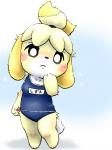 animal_crossing black_sclera blonde_hair blue_background blush canid canine canis clothed clothing domestic_dog fallinnight feet female full-length_portrait hair isabelle_(animal_crossing) japanese_text kemono mammal nintendo one-piece_swimsuit portrait school_swimsuit shih_tzu short_hair simple_background solo standing swimwear text text_on_clothing text_on_swimwear toy_dog translated white_eyes