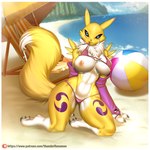 anthro ball beach beach_ball bikini biped breasts chair clothed clothing clothing_lift female flashing furniture inflatable kneeling looking_at_viewer nipples one_breast_out sand seaside solo swimwear text thick_thighs two-piece_swimsuit wide_hips thunder-renamon bandai_namco digimon canid digimon_(species) mammal renamon 1:1 url