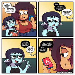 big_breasts biped blue_body blush breasts brown_hair cellphone clothed clothing dialogue electronics eyelashes eyewear female glasses hair holding_cellphone holding_object holding_phone larger_female open_mouth phone pupils size_difference smaller_female smile text muyharim fran_(muyharim) mads_(muyharim) humanoid 1:1 comic english_text hi_res url