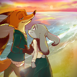 anthro beach bottomwear clothing detailed_background duo female fur hand_holding hand_size_difference male outside pants romantic romantic_ambiance sand seaside shirt size_difference skirt sky smile sunset sweater topwear mitsuharu disney zootopia judy_hopps nick_wilde canid canine fox lagomorph leporid mammal rabbit red_fox true_fox 1:1 2016 hi_res smaller_version_at_source