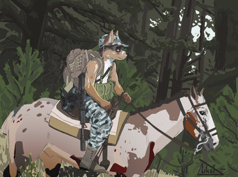 animal_genitalia anthro ar_platform assault_rifle backpack barely_visible_genitalia barely_visible_sheath biped boonie_hat boots bottomwear camo camo_bottomwear camo_clothing camo_pants camo_print clothing duo feral footwear forest fully_sheathed gas_mask genitals gun hat headgear headwear horseback_riding male male_anthro male_feral mask military pants pattern_bottomwear pattern_clothing pattern_pants plant plantigrade pouches quadruped ranged_weapon riding rifle saddle sheath shoes soldier tree warrior weapon lukst karr_(lukst) canid canine canis domestic_dog equid equine horse mammal hi_res