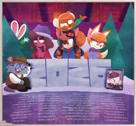 aged_up anthro female group holidays male one_eye_closed tablet text tipping_hat wink winter_clothing ajmarekart murphy_and_mitzi new_year bunny_(ajmarekart) calvin_(ajmarekart) marcie_beaucoup_(ajmarekart) mitzi_(ajmarekart) murphy_(ajmarekart) vivian_(ajmarekart) zoe_(ajmarekart) canid canine canis domestic_cat domestic_dog eulipotyphlan felid feline felis fox lagomorph leporid mammal mole_(animal) poodle rabbit red_fox rodent sciurid tree_squirrel true_fox 2026 english_text hi_res