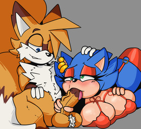 anthro balls big_breasts breasts clothing controller crossgender duo eyeshadow fellatio female genitals licking lingerie makeup male male/female mtf_crossgender multi_balls multi_genitalia multi_tail muscular nude oral penile penis piercing sex tail tongue tongue_out blueberrygrizzly sega sonic_the_hedgehog_(series) miles_prower sonic_the_hedgehog canid canine eulipotyphlan fox hedgehog mammal hi_res
