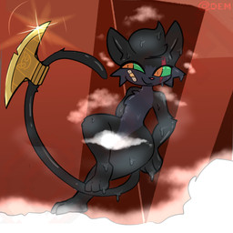 anthro axe bathing black_body facial_scar femboy fur hair long_tail male nude sauna scar simple_background smile solo tail thick_thighs weapon_tail demon3sigma domestic_cat felid feline felis mammal 1:1 absurd_res censored digital_media_(artwork) hi_res