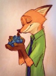 anthro blueberry_(fruit) brown_body brown_fur clothing dipstick_ears ear_markings eyes_closed food fruit fur gloves_(marking) holding_food holding_object male markings multicolored_ears necktie orange_body orange_fur plant shirt side_view smile solo topwear mortic_ox disney zootopia nick_wilde canid canine fox mammal red_fox true_fox 2017 sketch