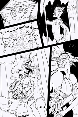 anthro big_breasts breasts clothed clothing duo female hood horn male male/female partially_clothed speech_bubble topless topless_male fraek vik's_familiar viktorus canid canine fox humanoid mammal orc true_fox 2:3 comic hi_res monochrome