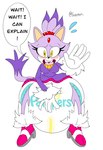 anthro big_diaper blush bodily_fluids clothed clothing dialogue diaper diaper_fetish embarrassed female forehead_gem gem hand_on_diaper open_mouth purple_body simple_background solo speech_bubble sweat sweatdrop text_on_diaper tongue touching_diaper tuft wearing_diaper wetness_indicator white_background sippysips pampers sega sonic_the_hedgehog_(series) blaze_the_cat felid feline mammal signature