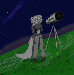 anthro clothing ears_down female fur grey_clothing hair outside pivoted_ears purple_eyes solo space white_body white_fur white_hair fochii seshii hybrid