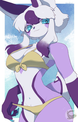 anthro bangs bikini biped blue_claws blue_eyes breasts claws clothed clothed_anthro clothed_female clothing female female_anthro finger_claws hair logo long_hair looking_at_viewer medium_breasts navel pose scut_tail short_tail solo swimwear tail text three-quarter_view two-piece_swimsuit white_hair yellow_bikini yellow_clothing yellow_swimwear mochiri unknown_species 2025 absurd_res artist_logo artist_name cel_shading digital_drawing_(artwork) digital_media_(artwork) hi_res portrait shaded three-quarter_portrait