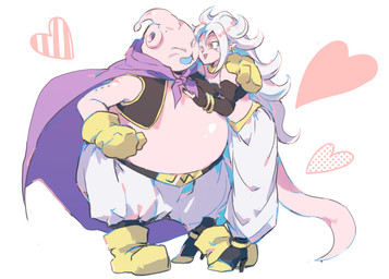 armwear clothing duo ear_piercing ear_ring female footwear gloves hair handwear heart_symbol humanoid_on_humanoid humanoid_pointy_ears long_hair male male/female not_furry one_eye_closed open_mouth open_smile overweight overweight_humanoid overweight_male piercing pink_body pink_skin pointy_ears ring_piercing simple_background smile white_hair wink kzmt_db dragon_ball dragon_ball_fighterz android_21 majin_android_21 majin_buu alien alien_humanoid humanoid majin 2020