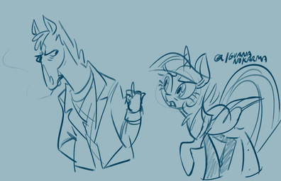 annoyed anthro cigarette duo female feral gesture hand_gesture horn male middle_finger simple_background smoking wings entropystar bojack_horseman friendship_is_magic hasbro my_little_pony mythology netflix bojack_horseman_(character) twilight_sparkle_(mlp) equid equine horse mammal mythological_creature mythological_equine winged_unicorn hi_res
