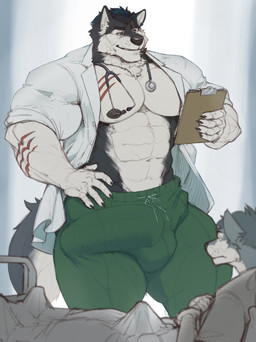 5_fingers abs anthro areola arm_scar balls_outline barazoku bed bed_frame big_bulge big_muscles big_pecs biped black_areola black_body black_claws black_ears black_eyebrows black_finger_claws black_fur black_nipples black_nose blue_body blue_eyes blue_fur blue_hair bottomwear broad_shoulders bulge chest_scar claws clipboard closed_smile clothed clothed_anthro clothed_male clothing coat countershade_arms countershade_face countershade_fur countershade_neck countershade_tail countershade_torso countershading detailed_bulge doctor doctor's_coat duo ear_piercing ear_ring erection erection_under_blanket eyebrow_scar eyebrows facial_scar finger_claws fingers fur furniture genital_outline green_bottomwear green_clothing green_pants grey_body grey_fur hair hand_on_hip hand_on_own_hip holding_clipboard holding_object huge_bulge huge_muscles humanoid_hands inner_ear_fluff looking_at_another's_bulge looking_at_clipboard looking_at_object male male/male male_anthro manly medical_instrument mouth_closed multicolored_body multicolored_fur muscular muscular_anthro muscular_arms muscular_male navel nipples on_bed pants patient pecs penis_outline piercing ring_piercing rolled_up_sleeves scar scientific_instrument shirtless_anthro shirtless_male short_hair size_difference smaller_anthro smaller_male smile standing stethoscope tail three-quarter_view topwear tuft two_tone_body two_tone_fur under_covers unprofessional_behavior whisker_spots white_body white_clothing white_coat white_countershading white_fur white_inner_ear white_inner_ear_fluff white_topwear oldshep tokitechie canid canine canis domestic_dog husky mammal nordic_sled_dog spitz wolf absurd_res digital_drawing_(artwork) digital_media_(artwork) hi_res shaded