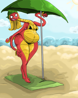 anthro beach belly bikini blonde_hair blue_sky breasts clothing female hair outside overweight red_body sky solo swimwear two-piece_swimsuit umbrella grindaviking nightmarebros scalie_schoolie esmerelda_(scalie_schoolie) reptile scalie snake 2018