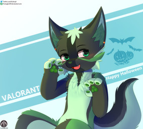 ambiguous_gender anthro blush blush_lines fur green_body green_fur looking_at_viewer pawpads sitting smile solo senz canid canine canis mammal wolf absurd_res hi_res