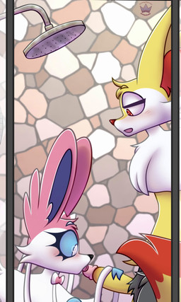 anthro anthro_penetrating_female blush erection fellatio female female_penetrated genitals glans glans_lick glans_play humanoid_genitalia humanoid_penis male male/female male_penetrating male_penetrating_female oral oral_penetration penetration penile penile_penetration penis penis_in_mouth pink_glans sex shower_head side_view tail tongue i69himdaily nintendo pokemon braixen eeveelution generation_6_pokemon pokemon_(species) sylveon 2d_animation 3:5 animated hi_res high_framerate long_playtime motion_tweening no_sound video