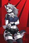 2020 5_fingers anthro belt black_nose bottomwear bra breasts canid canid_demon canine chest_tuft claws clothed clothing collar crop_top demon digital_media_(artwork) ear_piercing ear_ring eyelashes female fingerless_gloves fingers frown fur gloves grey_body grey_fur grey_hair hair handwear hellhound helluva_boss heresy_(artist) hi_res humanoid_hands inner_ear_fluff legwear long_hair looking_at_viewer loona_(helluva_boss) mammal multicolored_body multicolored_fur mythological_canine mythological_creature mythology navel notched_ear occult_symbol panties pentagram piercing red_sclera ring_piercing scowl shirt shorts signature solo spiked_collar spikes standing stockings symbol teeth thigh_highs topwear torn_bottomwear torn_clothing torn_shorts tuft two_tone_body two_tone_fur underwear white_body white_eyes white_fur