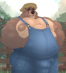 anthro big_nipples big_pecs bodily_fluids bulge clothing farmer fence genital_fluids hat headgear headwear male musclegut muscular muscular_anthro muscular_male nipples outside overalls overalls_only overweight overweight_anthro overweight_male pecs precum precum_through_clothing redneck solo standing straw_hat wet wet_clothing wood wood_fence taighet_28 bear mammal himbo hi_res