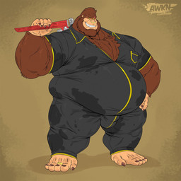 anthro belly big_belly brown_body brown_fur bulge chest_tuft clothing fur hand_on_hip jumpsuit male mechanic musclegut muscular muscular_male obese overweight overweight_male solo stain tools tuft wrench yellow_sclera awkn_arts fahz_(fahzthegorilla) ape gorilla haplorhine mammal primate 1:1 hi_res