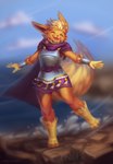 anthro anthrofied armor clothed clothing cloud day detailed_background eyes_closed female fur light open_mouth open_smile orange_body orange_fur outside pokemorph smile solo water milkwyvern nintendo pokemon eeveelution flareon generation_1_pokemon pokemon_(species) 2021 lighting shaded signature