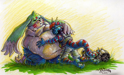 ambiguous_gender anthro barefoot belly belly_hug belly_squish big_belly blue_body claws clothed clothing cuddling duo facial_markings feet green_body hand_on_belly head_markings horn hug huge_belly larger_male male male/male markings multicolored_body navel overweight overweight_anthro overweight_male proud simple_background size_difference smaller_male smile smug smug_face squish stripes tail toes topless weight_gain nick_bondra bandai_namco digimon mythology rakeesh digimon_(species) dragon gargomon kobold mythological_creature mythological_scalie scalie 2001 hi_res traditional_media_(artwork)