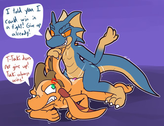 4_fingers anal anal_penetration angry anthro anthro_on_anthro anthro_penetrated anthro_penetrating anthro_penetrating_anthro blue_body blue_scales bodily_fluids brown_body brown_scales claws dialogue dominant dominant_male duo eye_contact fangs fingers fist frill_(anatomy) from_behind_position genital_fluids green_eyes grin head_crest head_frill jockey_position looking_at_another looking_down looking_up male male/male male_penetrated male_penetrating male_penetrating_male membrane_(anatomy) membranous_frill motion_lines on_ground orange_body orange_scales penetration precum prone_bone_position questionable_consent red_body red_scales scales sex sharp_teeth smile speech_bubble spread_legs spreading straddling submissive submissive_male tan_body tan_scales teeth text toe_claws white_claws ultilix taki_(ultilix) tozol_(metalstorm) kobold scalie 2020 english_text hi_res