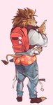 anthro backpack big_butt biped bottomwear bottomwear_down boxers_(clothing) brown_body brown_fur bubble_butt butt cellphone claws clock clothed clothed_anthro clothed_male clothing denim denim_bottomwear denim_clothing electronics eyes_mostly_closed finger_claws fingers frown fur gold_(metal) gold_watch holding_cellphone holding_object holding_phone holding_smartphone humanoid_hands jeans looking_down male mane narrowed_eyes pants pants_down partially_clothed phone pink_background rear_view sagging_pants simple_background smartphone solo standing tail underwear watch wristwatch harryharold felid lion mammal pantherine 2023 absurd_res full-length_portrait hi_res portrait