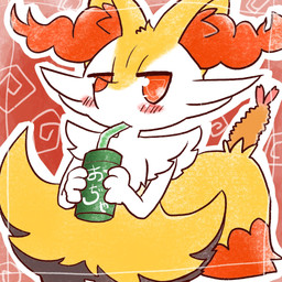 ambiguous_anthro ambiguous_gender anthro beverage biped blush drinking drinking_straw featureless_crotch food front_view holding_beverage holding_object looking_at_viewer object_in_tail outline shrimp_(food) simple_background snout solo standing tail tea text annyui0611 nintendo pokemon braixen canid generation_6_pokemon mammal pokemon_(species) 1:1 2022 digital_drawing_(artwork) digital_media_(artwork) hi_res japanese_description japanese_text portrait three-quarter_portrait translated translated_description