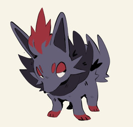 ambiguous_gender cheek_tuft eyebrows facial_tuft feral fluffy front_view fur grey_body grey_fur head_tuft lidded_eyes looking_aside markings quadruped red_eyelids red_markings simple_background snout solo standing tail tuft white_background krimmins nintendo pokemon canid generation_5_pokemon mammal pokemon_(species) zorua colored digital_drawing_(artwork) digital_media_(artwork) english_description