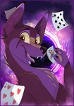 ambiguous_gender black_eyebrows black_nose border brown_body brown_ears brown_eyes brown_fur brown_markings card eyebrows feral fur hearts_(suit) holding_object holding_playing_card joker_(playing_card) looking_at_viewer markings multicolored_body multicolored_fur open_mouth paws pink_border pink_inner_ear pink_tongue playing_card portal sharp_teeth snout solo space spades_(suit) star suit_symbol teeth tongue two_tone_body two_tone_fur white_body white_fur yellow_sclera sweetvixenarts canid canine mammal 2023 hi_res signature