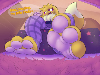 anthro bedroom clothing dialogue extreme_size_difference feet foot_fetish foot_focus foot_play looking_at_viewer low-angle_view male micro micro_pov pajamas pawpads paws size_difference solo speech_bubble talking_to_viewer danbun nintendo pokemon eevee generation_1_pokemon pokemon_(species) hi_res