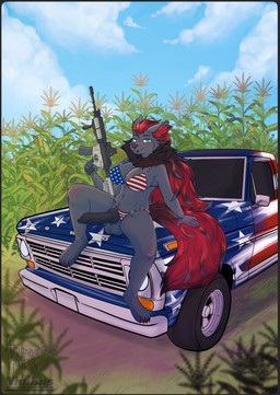american_flag_bikini animal_genitalia animal_penis arm_support backward_arm_support big_breasts big_penis bikini bikini_bottom bikini_top black_body black_border black_fur border breasts car clothing digitigrade flag_bikini flag_swimwear fur genitals gun_arm gynomorph holding_object holding_weapon intersex knot knotted_penis outdoor_nudity outside penis pokemorph sitting_on_car swimwear trigger_discipline two-piece_swimsuit united_states_of_america vehicle weapon weapon_arm akiannakatt nintendo pokemon pokemon_(species) absurd_res digital_drawing_(artwork) digital_media_(artwork) hi_res