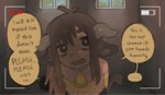 bell brown_hair close-up clothed clothing dialogue femboy fully_clothed grey_eyes hair horn inside long_hair male recording solo text tired_eyes window young gorarati taa-chan animal_humanoid bovid bovid_humanoid humanoid mammal mammal_humanoid comic english_text hi_res nonbinary_(lore)