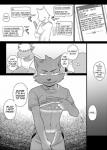 black_and_white canid canine clothing comic cotton_(artist) dialogue english_text karasawa male mammal monochrome text tooboe_bookmark
