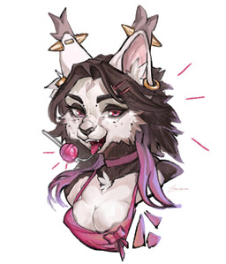 accessory bow_ribbon breasts candy collar dessert female feral food gold_(metal) hair hair_accessory hair_bow hair_ribbon heart_symbol pink_collar pink_hair pinkclothing purple_hair ribbons solo conditional_dnp kiras_arkaneks domestic_cat felid feline felis hybrid lynx mammal absurd_res hi_res