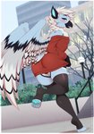 anthro avian barely_visible_genitalia beak clothed clothing crossdressing dervid_(taktian) digital_media_(artwork) femboy genitals hi_res legwear male re-sublimity-kun shaded soft_shading solo thigh_highs thong underwear