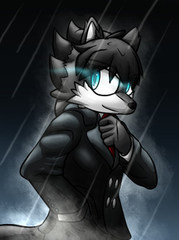 anthro blue_eyes clothed clothing fully_clothed fur glowing glowing_eyes grey_body grey_fur grin male necktie raining smile solo suit walking snowyowlkonnen sega sonic_the_hedgehog_(series) fan_character canid canine canis mammal wolf