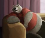 anthro arm_support belly big_cheeks brown_body brown_fur chubby_cheeks clothed clothing curtains fur furniture inside male midriff open_mouth open_smile overweight overweight_anthro overweight_male reclining smile sofa solo window feedtheboss bear brown_bear mammal ursine hi_res