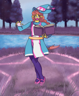 anthro book clothed clothing female forest hair hat headgear headwear magic magic_circle magic_user plant red_hair river solo spellcasting standing star tail tail_tuft tree tuft witch witch_costume witch_hat stardust_strix super_lesbian_animal_rpg claire_higsby bovid bovine cattle mammal hi_res trans_(lore)